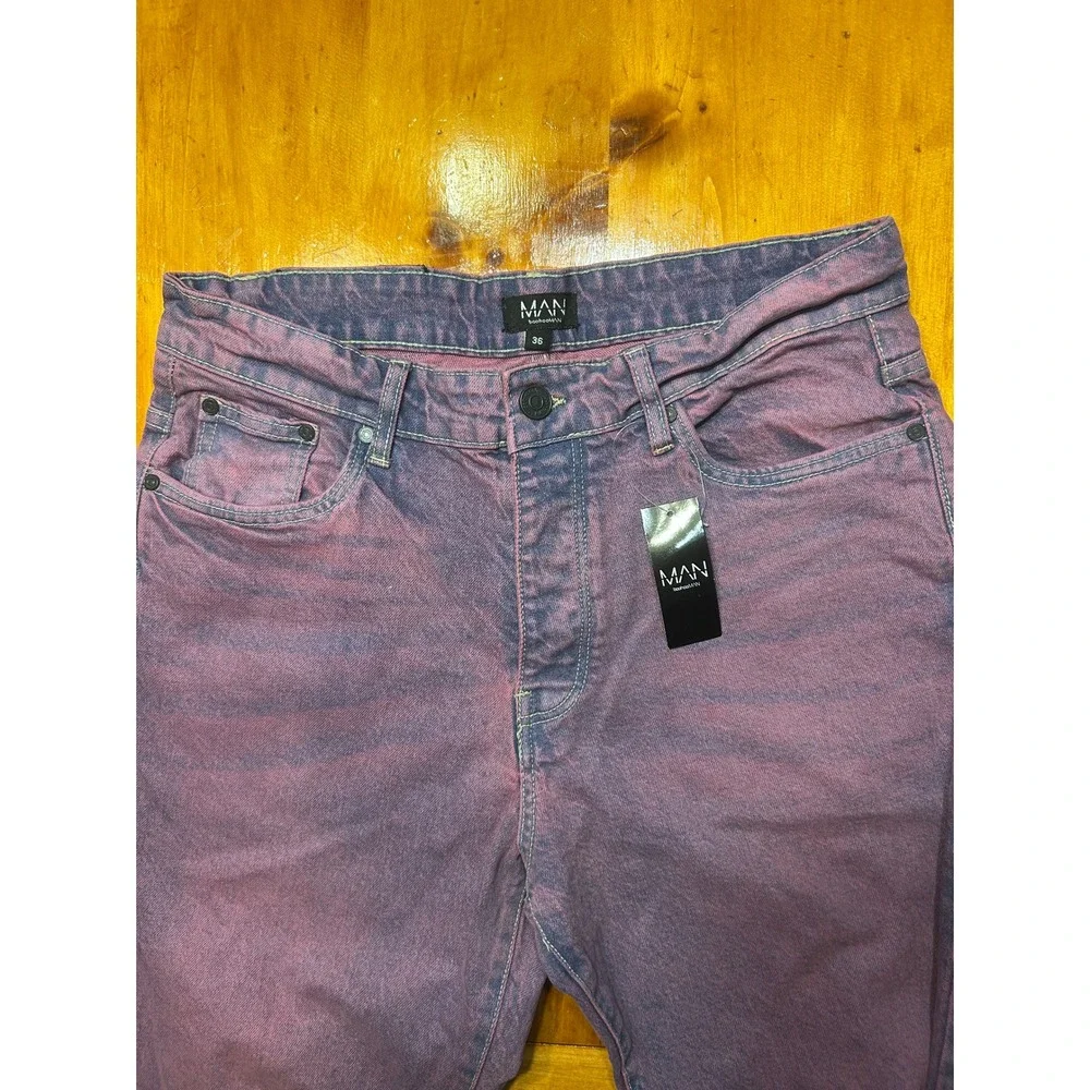 boohooMAN Mens Y2K‎ Grunge Relaxed Rigid Tinted Jeans Pink Purple Ripped Knee